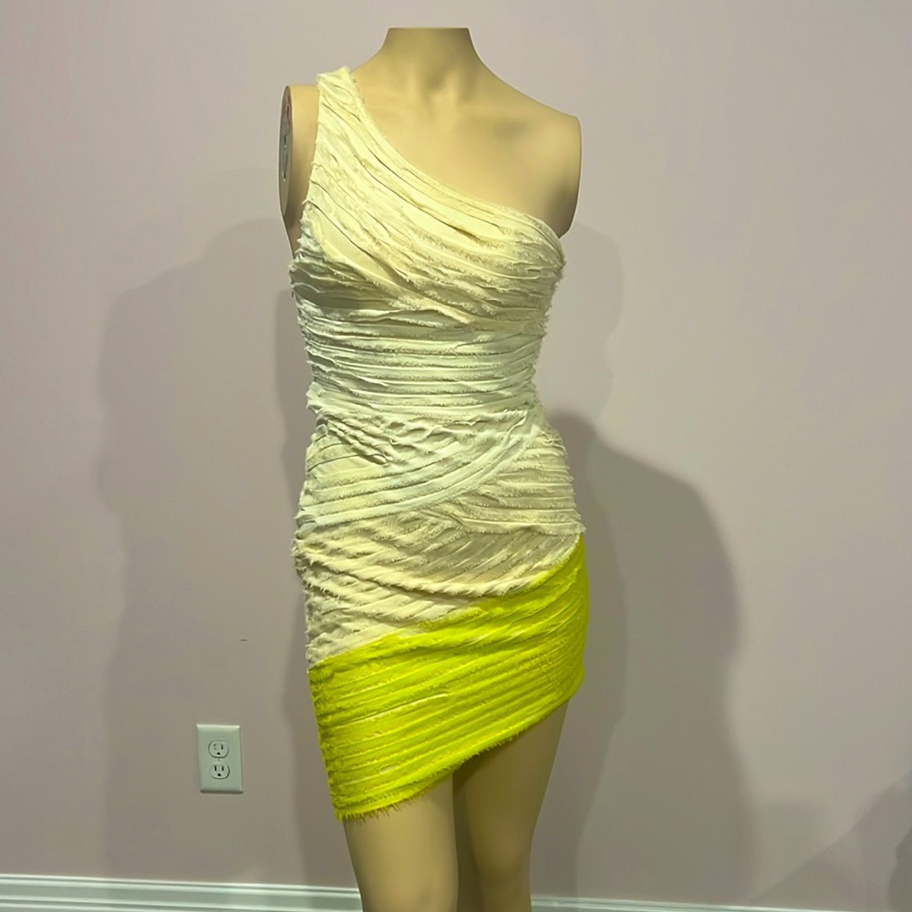 BEBE cream and neon yellow gauze dress size XS